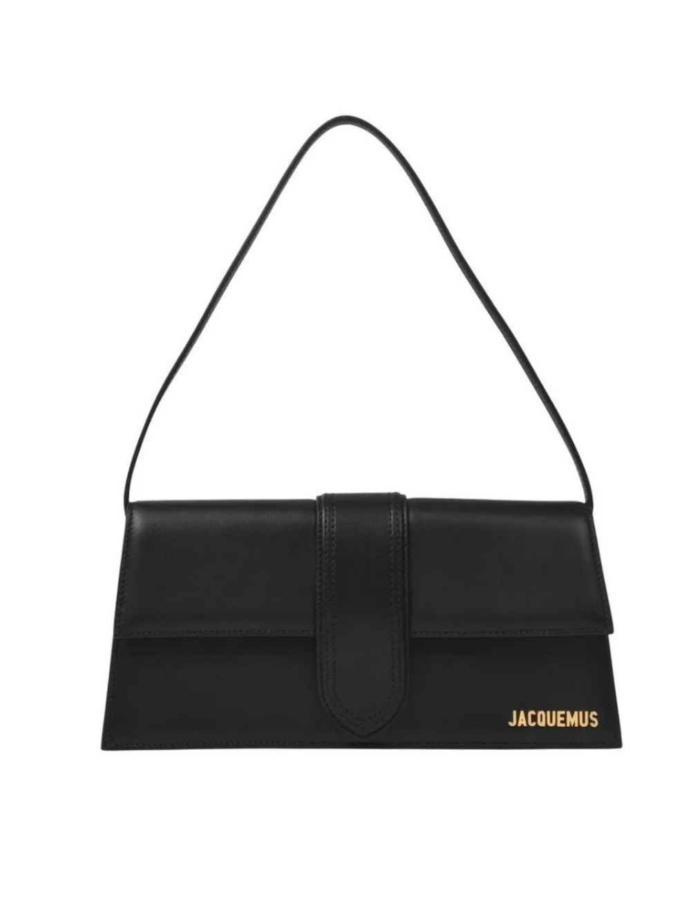 Jacquemus Black Leather Shoulder Strap Flap Bag with Gold Logo